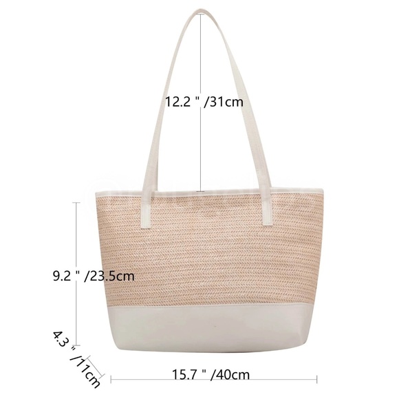 Large Tote Straw Bag Khaki Beige Lined White Faux Leather Details Zipper - Picture 8 of 8